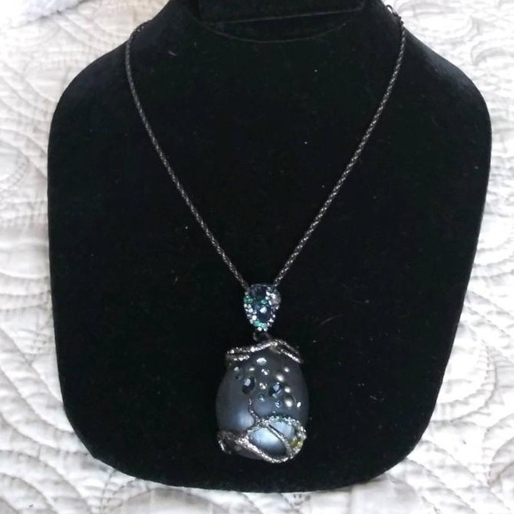Alexis Bittar gray lucite long necklace with crystals & gun metal detailing.